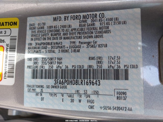 Ford FUSION SE 2020 3FA6P0HD8LR169643 Image 9