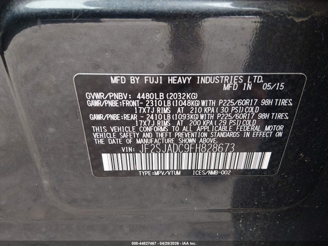 2015 Subaru Forester 2.5i Premium მანქანა იყიდება აუქციონზე, vin: JF2SJADC9FH828673, აუქციონის ნომერი: 44827467