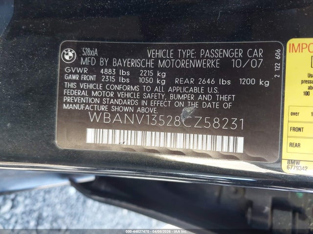 Продажа на аукционе авто 2008 Bmw 528xi, vin: WBANV13528CZ58231, номер лота: 44827470