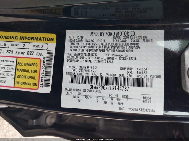 Продаж на аукціоні авто 2020 Ford Fusion S, vin: 3FA6P0G71LR144787, номер лоту: 44827473