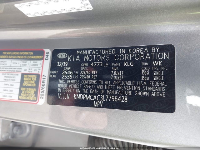 2020 Kia Sportage Lx მანქანა იყიდება აუქციონზე, vin: KNDPMCAC3L7796428, აუქციონის ნომერი: 44827476