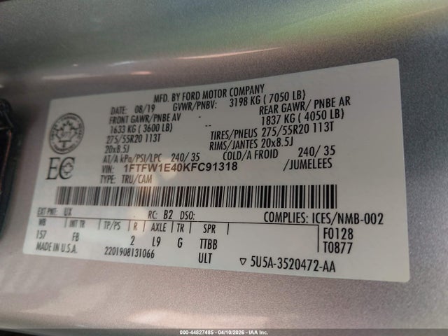 44827485 :رقم المزاد ، 1FTFW1E40KFC91318 vin ، 2019 Ford F-150 Xlt مزاد بيع
