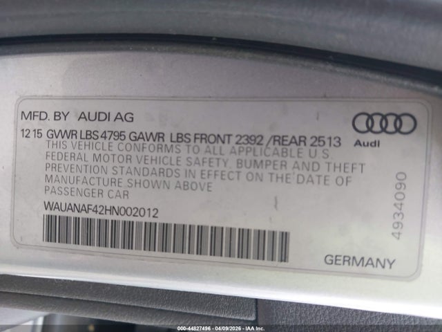 2017 Audi A4 2.0t Premium მანქანა იყიდება აუქციონზე, vin: WAUANAF42HN002012, აუქციონის ნომერი: 44827496