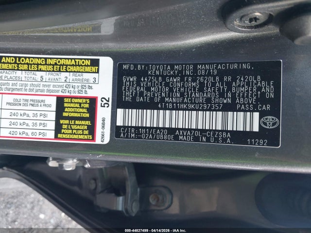 2019 Toyota Camry Se მანქანა იყიდება აუქციონზე, vin: 4T1B11HK9KU297357, აუქციონის ნომერი: 44827499