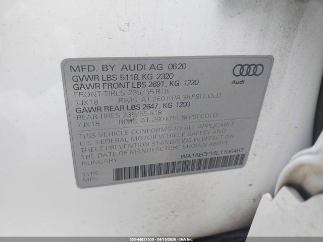 Aukcja sprzedaży 2020 Audi Q3 Premium 45 Tfsi Quattro Tiptronic, vin: WA1AECF34L1106467, numer aukcji: 44827509