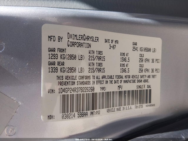 Aukcja sprzedaży 2007 Dodge Grand Caravan Se, vin: 1D4GP24R37B226260, numer aukcji: 44827510