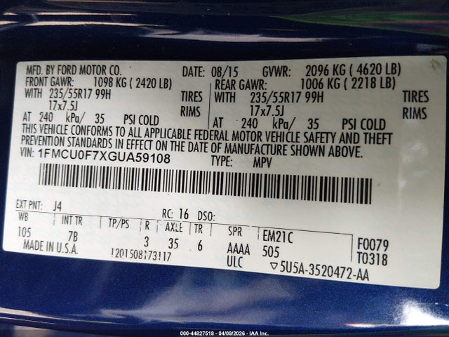 Продаж на аукціоні авто 2016 Ford Escape S, vin: 1FMCU0F7XGUA59108, номер лоту: 44827518