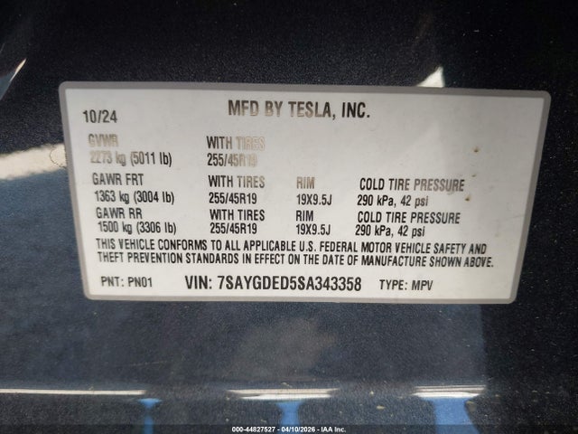 2025 Tesla Model Y Long Range Dual Motor Rear-wheel Drive მანქანა იყიდება აუქციონზე, vin: 7SAYGDED5SA343358, აუქციონის ნომერი: 44827527