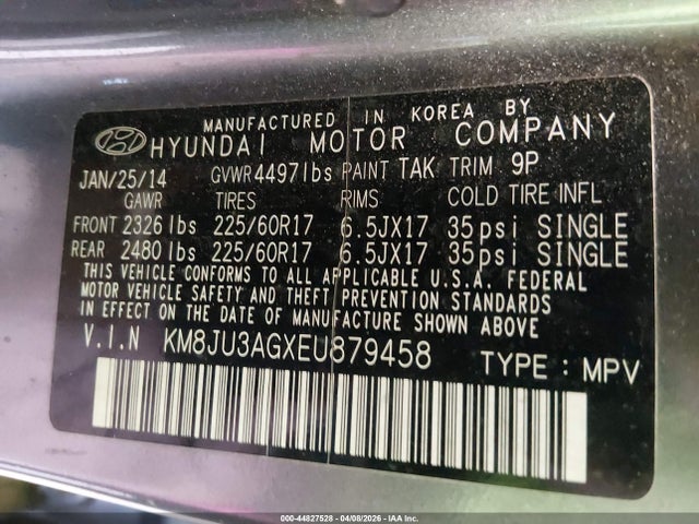 44827528 :رقم المزاد ، KM8JU3AGXEU879458 vin ، 2014 Hyundai Tucson Se مزاد بيع
