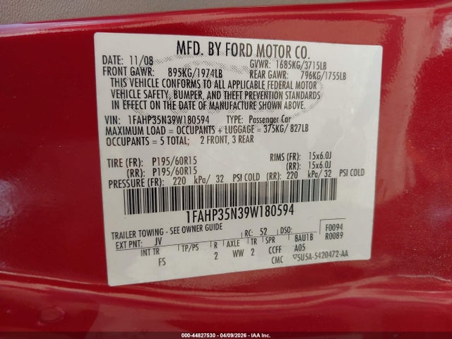 2009 Ford Focus Se მანქანა იყიდება აუქციონზე, vin: 1FAHP35N39W180594, აუქციონის ნომერი: 44827530
