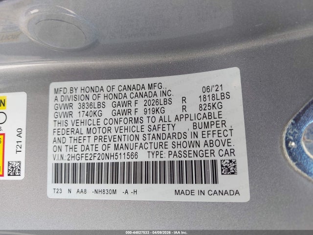 Продажа на аукционе авто 2022 Honda Civic Lx, vin: 2HGFE2F20NH511566, номер лота: 44827533