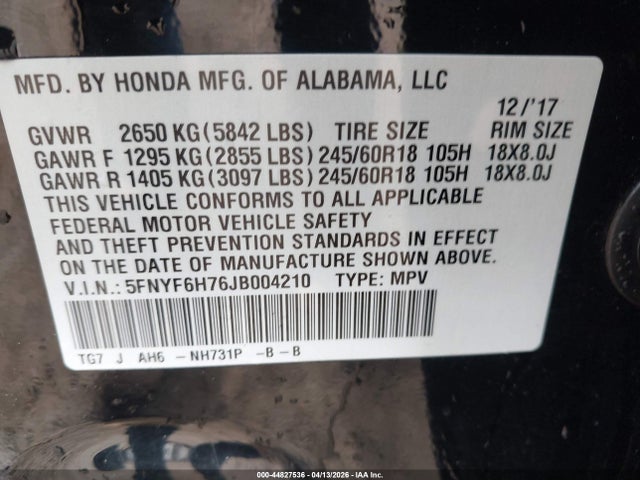 44827536 :رقم المزاد ، 5FNYF6H76JB004210 vin ، 2018 Honda Pilot Ex-l مزاد بيع