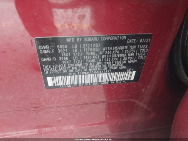Продажа на аукционе авто 2021 Subaru Ascent Premium, vin: 4S4WMAFD9M3462992, номер лота: 44827540