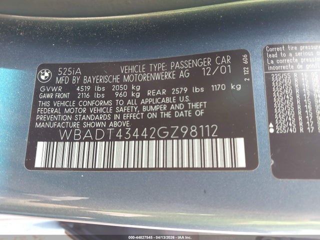 Продажа на аукционе авто 2002 Bmw 525ia, vin: WBADT43442GZ98112, номер лота: 44827545