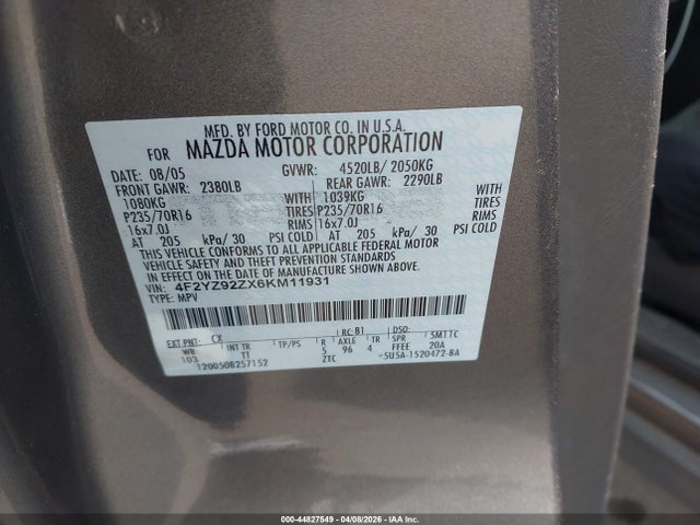 44827549 :رقم المزاد ، 4F2YZ92ZX6KM11931 vin ، 2006 Mazda Tribute I مزاد بيع