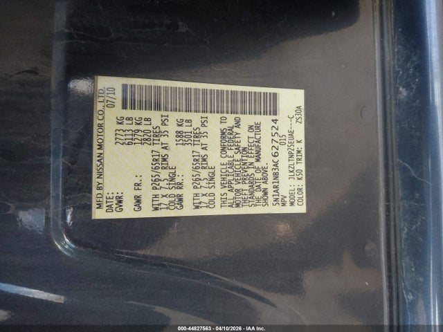 2010 Nissan Pathfinder Se მანქანა იყიდება აუქციონზე, vin: 5N1AR1NB3AC627524, აუქციონის ნომერი: 44827563