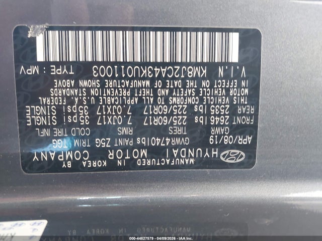 Продажа на аукционе авто 2019 Hyundai Tucson Se, vin: KM8J2CA43KU011003, номер лота: 44827579