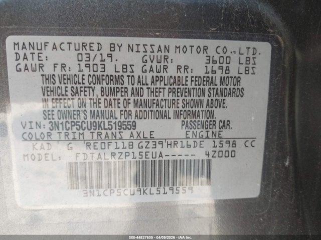 3N1CP5CU9KL519559 Nissan KICKS S