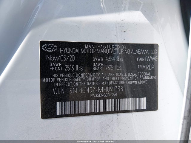 2021 Hyundai Sonata Sel Plus მანქანა იყიდება აუქციონზე, vin: 5NPEJ4J22MH091338, აუქციონის ნომერი: 44827614
