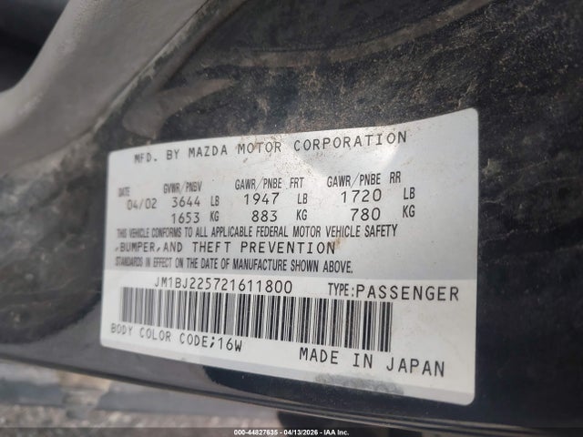 Aukcja sprzedaży 2002 Mazda Protege Dx/es/lx, vin: JM1BJ225721611800, numer aukcji: 44827635