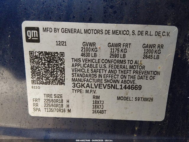 44827646 :رقم المزاد ، 3GKALVEV5NL144669 vin ، 2022 Gmc Terrain Awd Slt مزاد بيع