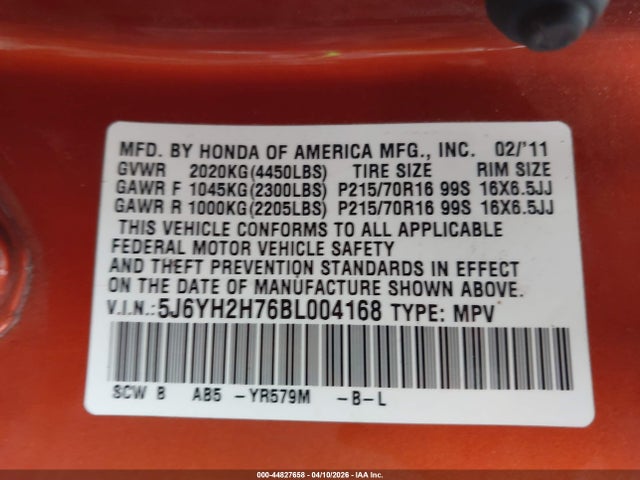 2011 Honda Element Ex მანქანა იყიდება აუქციონზე, vin: 5J6YH2H76BL004168, აუქციონის ნომერი: 44827658