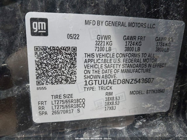 Продажа на аукционе авто 2022 Gmc Sierra 1500 4wd  Short Box Pro, vin: 1GTUUAED8NZ543607, номер лота: 44827678