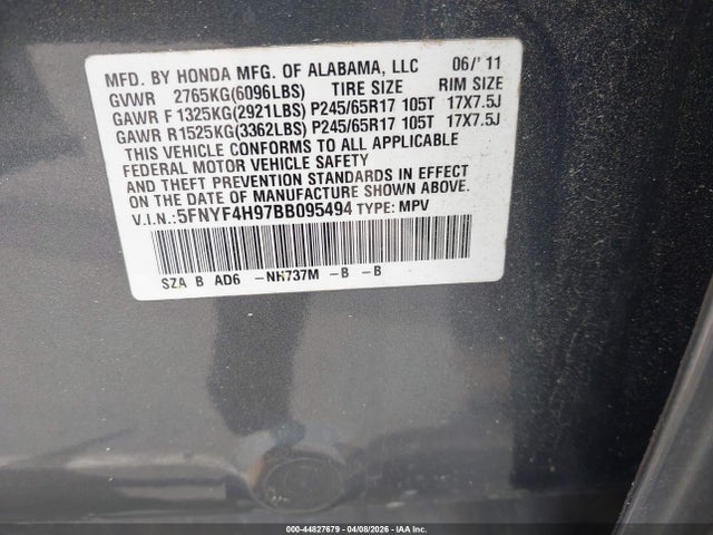 2011 HONDA PILOT 5FNYF4H97BB095494 Photo 8