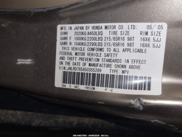 2005 Honda Cr-v Lx მანქანა იყიდება აუქციონზე, vin: JHLRD78585C055289, აუქციონის ნომერი: 44827683