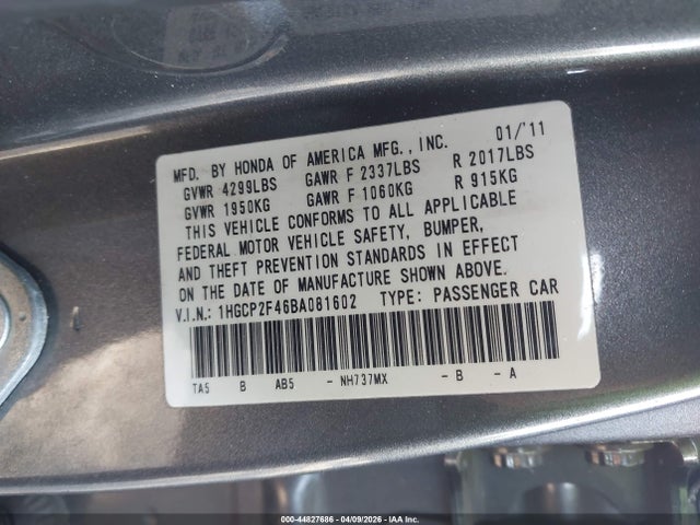 Продаж на аукціоні авто 2011 Honda Accord 2.4 Lx-p, vin: 1HGCP2F46BA081602, номер лоту: 44827686