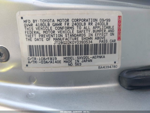 Aukcja sprzedaży 2000 Toyota Camry Le, vin: JT2BG22K0Y0393534, numer aukcji: 44827689