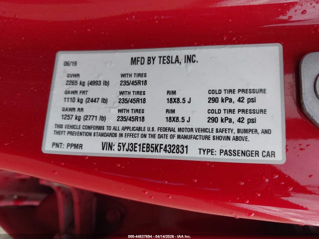 Продажа на аукционе авто 2019 Tesla Model 3 Long Range/performance, vin: 5YJ3E1EB5KF432831, номер лота: 44827694