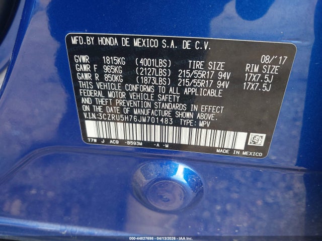44827698 :رقم المزاد ، 3CZRU5H76JM701483 vin ، 2018 Honda Hr-v Ex-l مزاد بيع