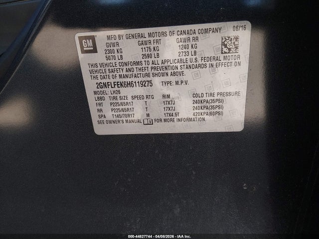 Продажа на аукционе авто 2017 Chevrolet Equinox Lt, vin: 2GNFLFEK6H6119275, номер лота: 44827744