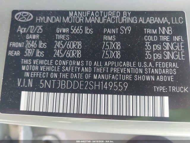 Aukcja sprzedaży 2025 Hyundai Santa Cruz Sel, vin: 5NTJBDDE2SH149559, numer aukcji: 44827749