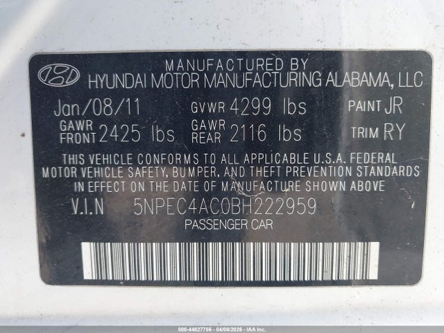 44827756 :رقم المزاد ، 5NPEC4AC0BH222959 vin ، 2011 Hyundai Sonata Se مزاد بيع