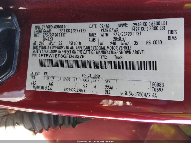 Продажа на аукционе авто 2016 Ford F-150 Xlt, vin: 1FTEW1EP8GFD48376, номер лота: 44827767