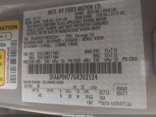 Aukcja sprzedaży 2016 Ford Fusion Se, vin: 3FA6P0H77GR203524, numer aukcji: 44827768