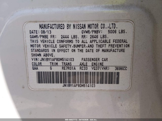 44827772 :رقم المزاد ، JN1BY1AP8DM514103 vin ، 2013 Infiniti M37 مزاد بيع
