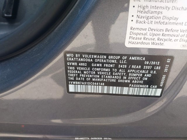 Продаж на аукціоні авто 2013 Volkswagen Passat 2.0l Tdi Se, vin: 1VWBN7A31DC044148, номер лоту: 44827774