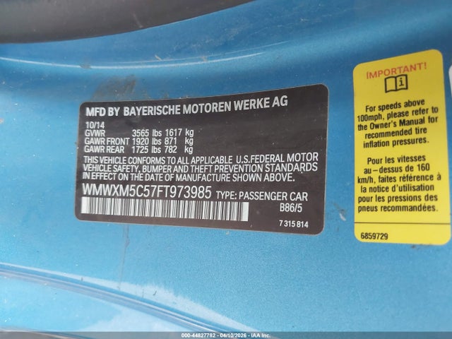 Aukcja sprzedaży 2015 Mini Hardtop Cooper, vin: WMWXM5C57FT973985, numer aukcji: 44827782