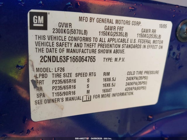 Aukcja sprzedaży 2006 Chevrolet Equinox Lt, vin: 2CNDL63F166064765, numer aukcji: 44827787