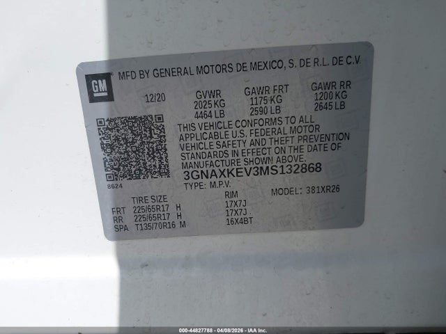 Продажа на аукционе авто 2021 Chevrolet Equinox Fwd Lt, vin: 3GNAXKEV3MS132868, номер лота: 44827788