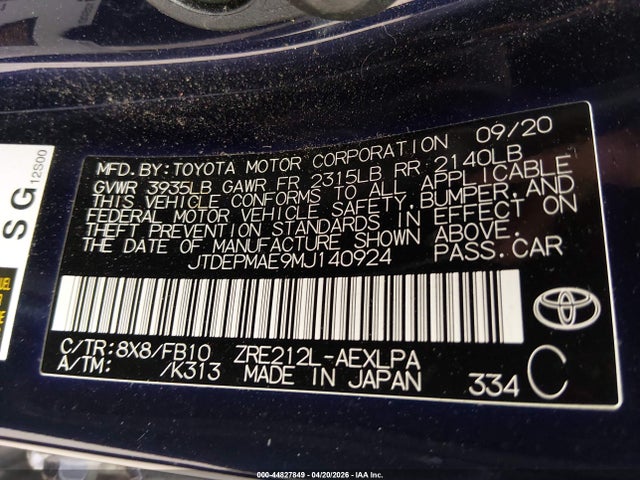 Aukcja sprzedaży 2021 Toyota Corolla Le, vin: JTDEPMAE9MJ140924, numer aukcji: 44827849
