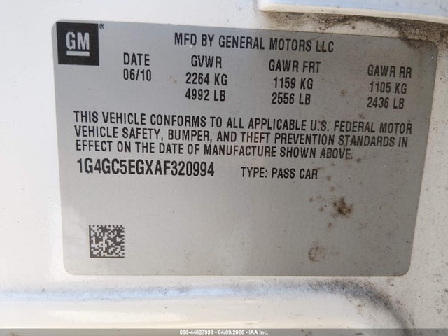Aukcja sprzedaży 2010 Buick Lacrosse Cxl, vin: 1G4GC5EGXAF320994, numer aukcji: 44827999