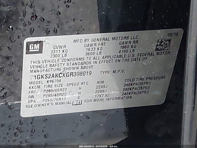44828015 :رقم المزاد ، 1GKS2AKCXGR398019 vin ، 2016 Gmc Yukon Sle مزاد بيع