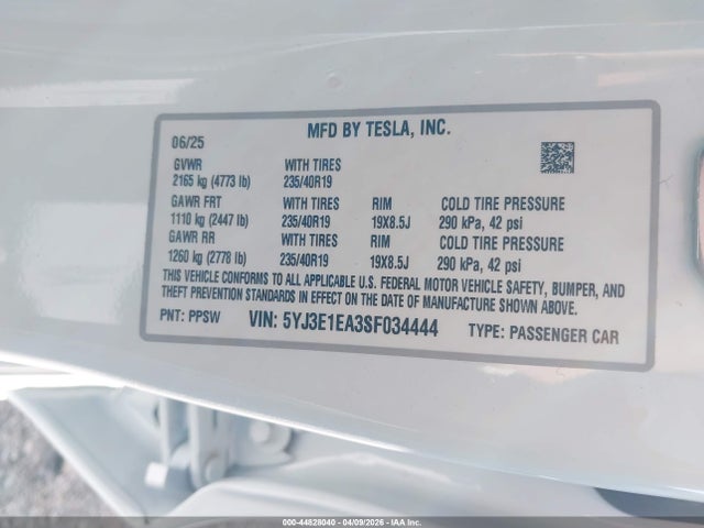 Продаж на аукціоні авто 2025 Tesla Model 3, vin: 5YJ3E1EA3SF034444, номер лоту: 44828040