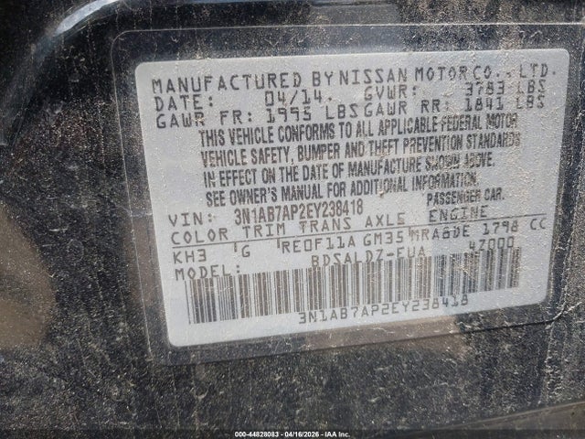 3N1AB7AP2EY238418 Nissan Sentra Fe+ S/fe+ Sv/s/sl/sr/sv