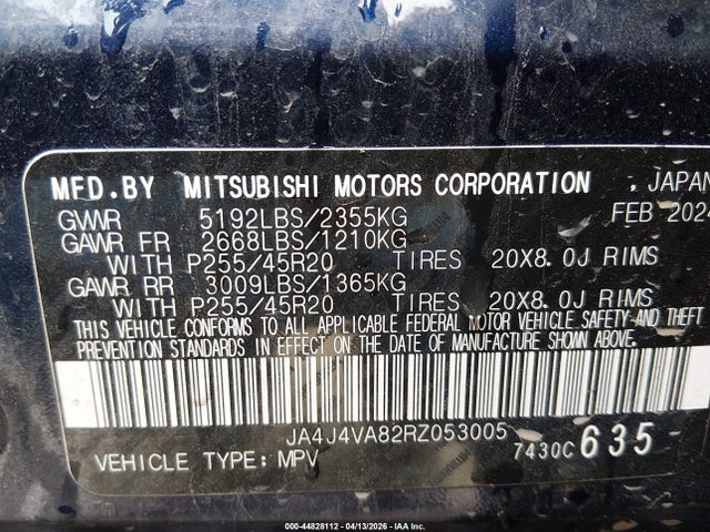 44828112 :رقم المزاد ، JA4J4VA82RZ053005 vin ، 2024 Mitsubishi Outlander Se 2.5 S-awc مزاد بيع
