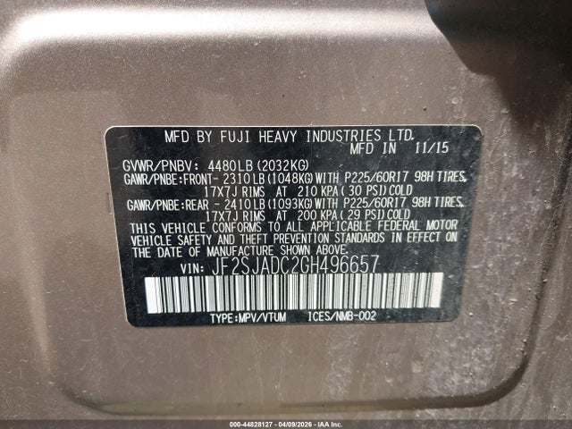 44828127 :رقم المزاد ، JF2SJADC2GH496657 vin ، 2016 Subaru Forester 2.5i Premium مزاد بيع